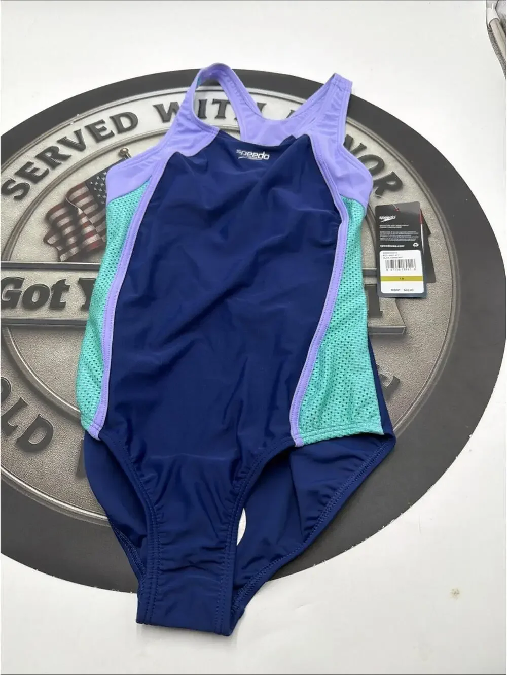 Speedo One Piece Swimsuit GIRLS US Size 14 Blue Harmony UPF50+ NWT Lining Snag